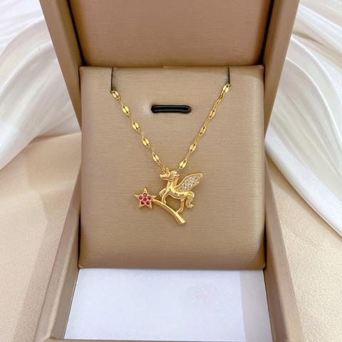 Pegaso Unicorno Stella Ala Ciondolo Collana Acciaio Inossidabile Placcato Oro Rame Zircone Elegante Catena Da Clavicola