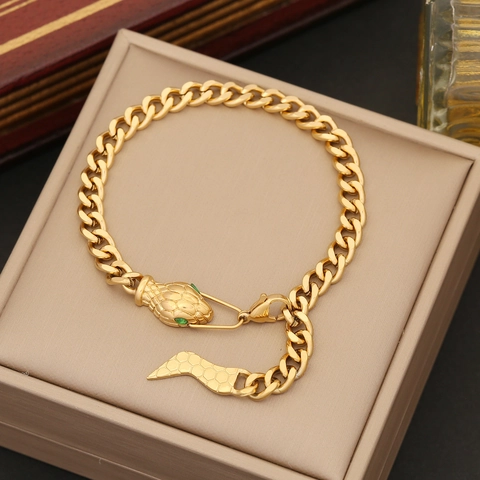 Collier Bracelet Et Boucles D'oreilles Serpent En Acier Inoxydable Chaîne Cubaine Yeux En Pierre Verte Style INS Vintage Pour Femmes