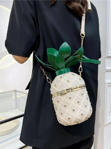 Pineapple Shaped Shoulder Bag Women Studded PU Leather Novelty Crossbody Purse With Metal Chain Strap Fashion Party