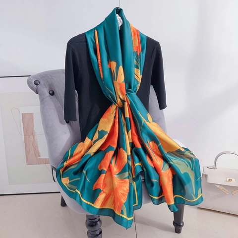 Sciarpa Lunga In Raso Di Raso Con Stampa Floreale Da Donna Elegante Scialle In Chiffon Di Raso Imitazione Protezione Solare