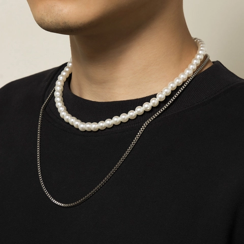 Collar De Doble Capa Con Imitación De Perla Artificial Y Cadena De Metal Plateada Estilo Hip Hop Geométrico Para Hombre