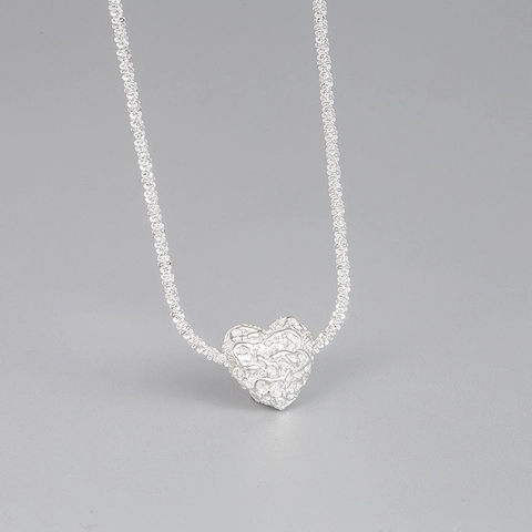 Collana con Pendente a Cuore in Argento Sterling 925 per Donna Texture Gualcita Stile Coreano Catena Irregolare per Clavicola