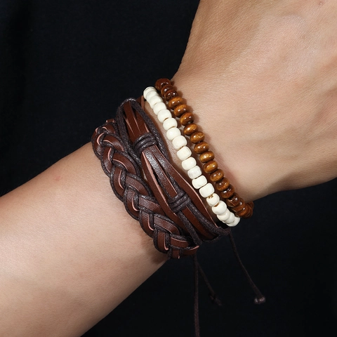 Vintage Herren Lederarmband Mehrlagig Handgewebt Holzperlen Wachskordel Verstellbar Boho Ethnisch Armreif Schmuck Geschenk
