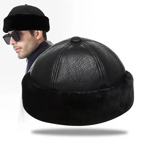 Cappello Docker Senza Tesa Invernale Caldo Pelle PU Bordo In Pelliccia Sintetica Ispessito Foderato In Pile Vintage Uomo