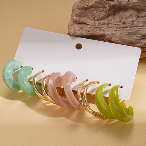 C Shape Hoop Earrings Acrylic Resin Marble Texture Geometric Alloy Jewelry With Silver Earring Post For Women Retro