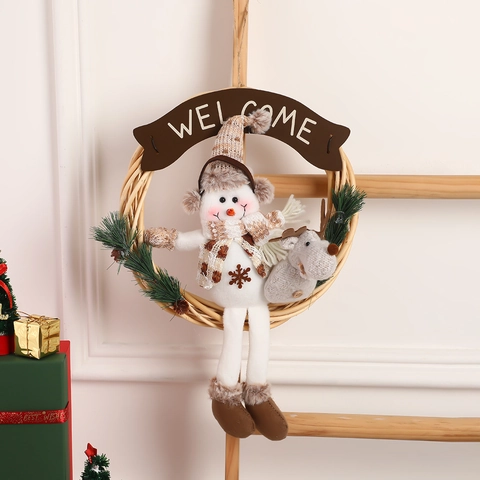 Corona De Navidad De Mimbre Decoración Colgante Con Letrero Welcome Papá Noel Muñeco De Nieve Reno Muñecos De Peluche