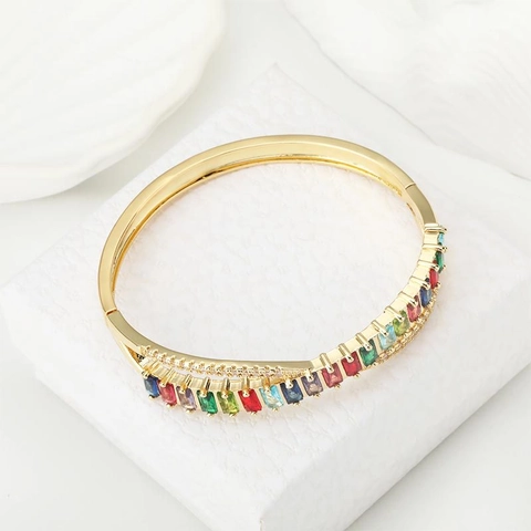 Bracciale Rigido In Rame Placcato Oro Con Zirconia Cubica Rettangolare Colorata Geometrico Micro Pavé Gioielli Di Moda Per Donna