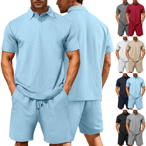 Completo Uomo Polo In Maglia Jacquard E Pantaloncini Tenuta Estiva Casual Manica Corta Collo Revers Sportivo Leggero