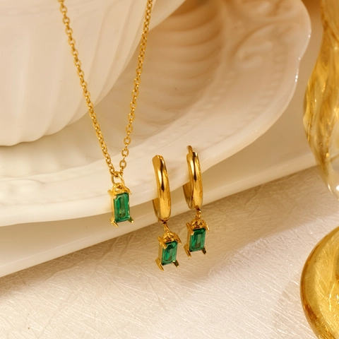 Emerald Green Zircon Necklace And Earrings 304 Stainless Steel 18K Gold Plated Geometric Jewelry Women Elegant Chic Style