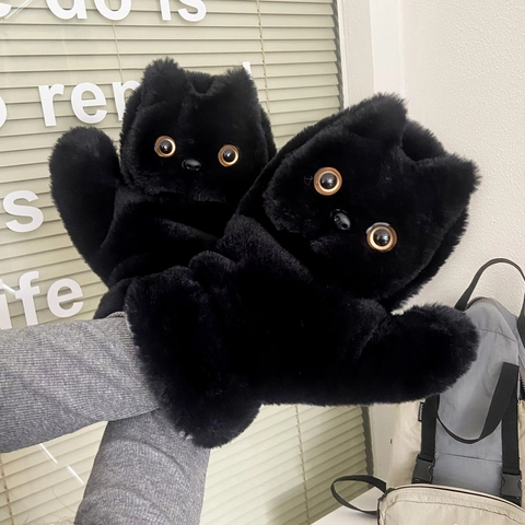 Muffole In Peluche Gatto Nero Pelliccia Di Coniglio Sintetica Fodera In Pile Calda Spessa Cordino Guanti Invernali Donna