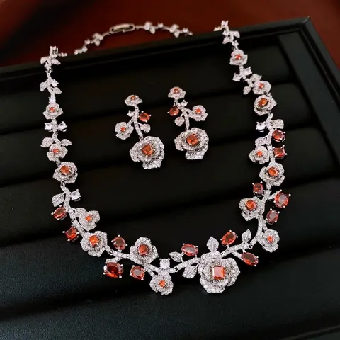 Parure Collana E Orecchini Rosa Vintage Rame Zircone Stile Palazzo Lusso Elegante Moda Donna Gioielli Accessori