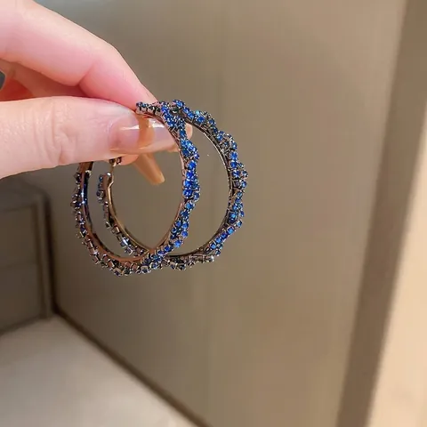 Twisted Hoop Earrings With Blue Rhinestones And 925 Sterling Silver Earring Post Exaggerated Fashion Women Jewelry