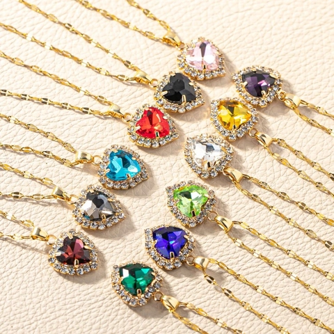 Heart Pendant Necklace Gold Plated Stainless Steel With Zircon Birthstone Fashion Jewelry For Women Elegant Clavicle Chain