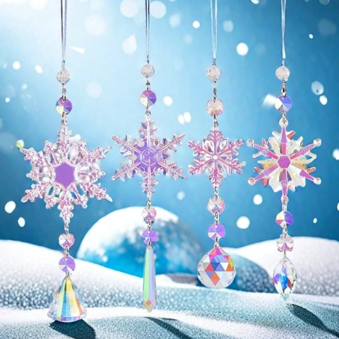 Crystal Snowflake Suncatcher Rainbow Prism Pendant Ornament Christmas Tree Window Hanging Decor Acrylic Beads
