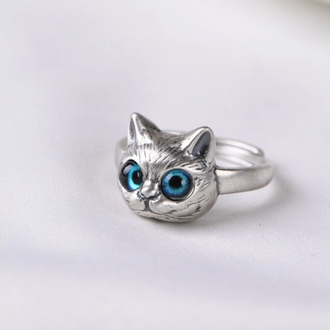 Retro 3D Tier Ring Vintage Kupfer Verstellbar Offener Finger Schmuck Blauäugige Katze Grünäugige Schlange Punk Stil Für Damen Herren