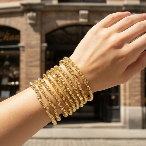 Gold Beaded Bracelet Stackable Copper Metal Elastic Geometric Fashion Jewelry For Women