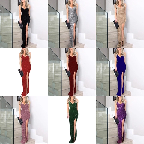Women Sexy V Neck Sequin Evening Gown Sleeveless Satin Backless Formal Party Maxi Dress High Slit Elegant Prom Dress
