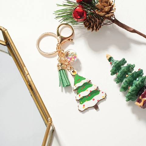Portachiavi Albero Di Natale Ciondolo In Legno Lega Nappa Verde Sfera Con Paillettes Stella Accessorio Per Borse Regalo