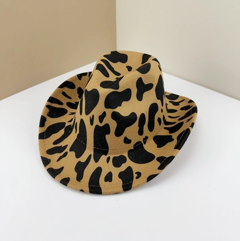 Cappello da Cowboy Western Vintage con Stampa Mucca a Tesa Larga in Misto Cotone Fedora per Donna Retrò Motivo Animale Moda Accessorio