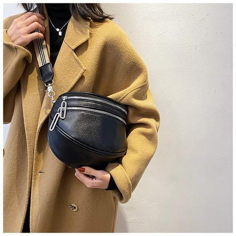 Bolso De Pecho Para Mujer Cuero PU Grano Lichi Doble Cremallera Forma Media Luna Correa Ancha De Rayas Accesorio Casual