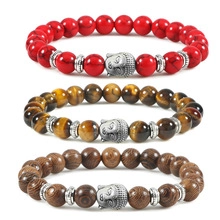 Ethnic Natural Stone Beaded Bracelet Alloy Buddha Head Spacer Charms Lava Rock Tiger Eye Quartz Beads Strand Bracelet For Unisex Jewelry Gift