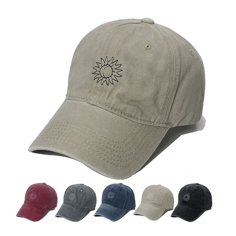 Vintage Washed Cotton Baseball Cap With Sun Moon Embroidery Distressed Retro Style Sun Protection Hip Hop Hat For Men Women