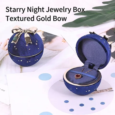 Joyero Redondo De Terciopelo Con Forma De Bola Con Lazo Dorado Y Cielo Stellato Para Anillo Colgante Collar
