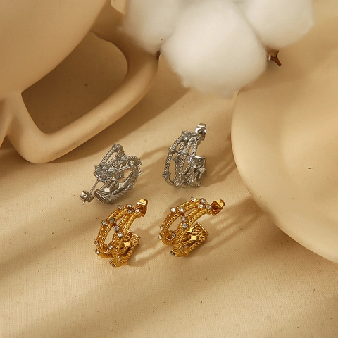 C-Shaped Hoop Earrings For Women Stainless Steel 18K Gold Plated Twisted Rope Texture Inlaid Zircon High-End Elegant