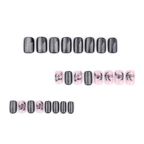 Black Cat Eye Press On Nails Squoval Form Matt Rosa Mit Blattmuster Harz Künstliche Nägel Für Frauen