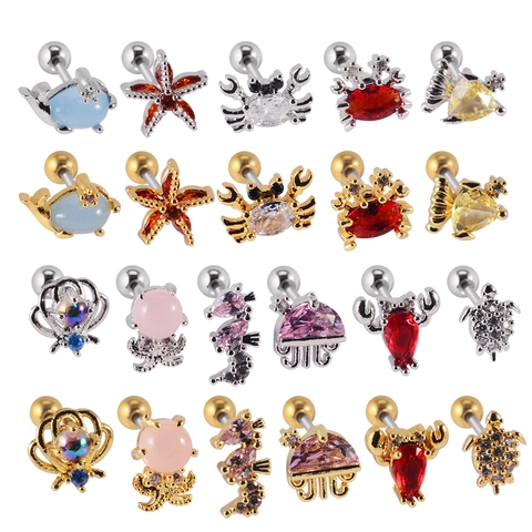 Marine Dier Helix Stud Oorbellen Koper Zirkoon Ingelegd Roestvrijstalen Oorbel Post Schroef Terug Kraakbeen Sieraden