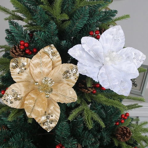 Sparkling Artificial Poinsettia Flowers Cloth With Sequins And Glitter For Christmas Tree Wreath Decoration Party
