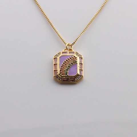 Collier Pendentif Arc En Ciel Pour Femmes Cuivre Plaqué Or Zircon Coloré Émail Géométrique Octogone Bijoux