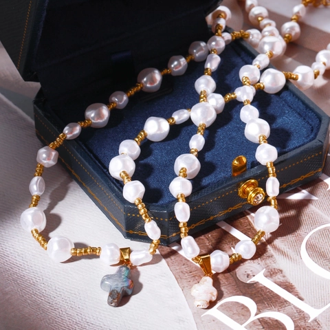 Collana Perle Scaramazze Barocche Rame Placcato Oro Pendente Croce Gioielli Stile Retro Francese Da Donna
