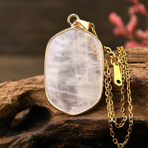 Vintage Natural Rose Quartz Pendant Necklace Stainless Steel Gold Plated Geometric Pink Crystal Chain Necklace Jewelry Women