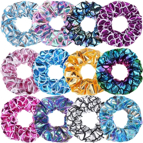 Coleteros Brillantes De Escamas De Sirena Metálicos Elásticos De Tela Lazos Para El Cabello Patrón De Peces