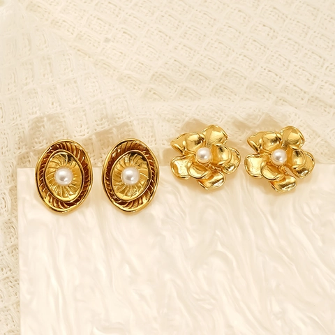 Bloemen Ovalen Oorknopjes 18K Verguld 304 Roestvrij Staal Imitatieparel Retro Waterdicht Hypoallergeen Dames