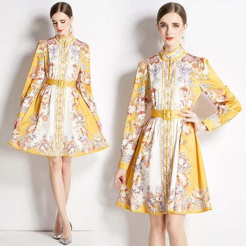 Vintage Midi-Jurk Met Bloemenprint Lange Mouwen Opstaande Kraag Met Riem Elegant Geel Wit Voor Dames