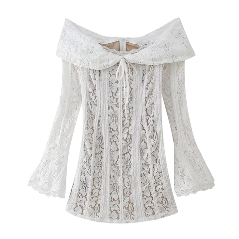 Damen Elegantes Schulterfreies Spitzen Minikleid Ausgestellte Lange Ärmel Floral Hohl Aus Schleife Weiß