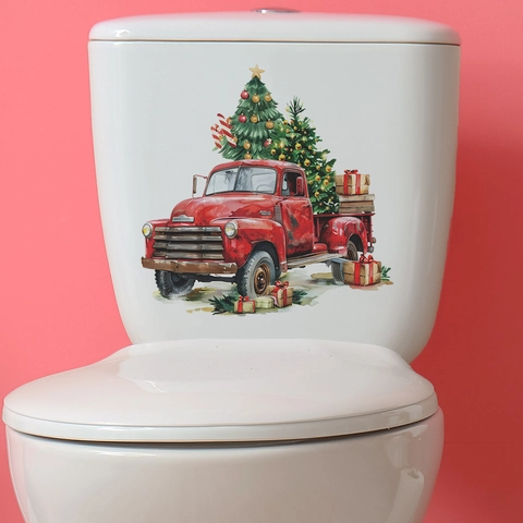 Adesivo Per Toilette Di Natale Camion Rosso Albero Di Natale PVC Autoadesivo Decorazione Parete Bagno Festivo