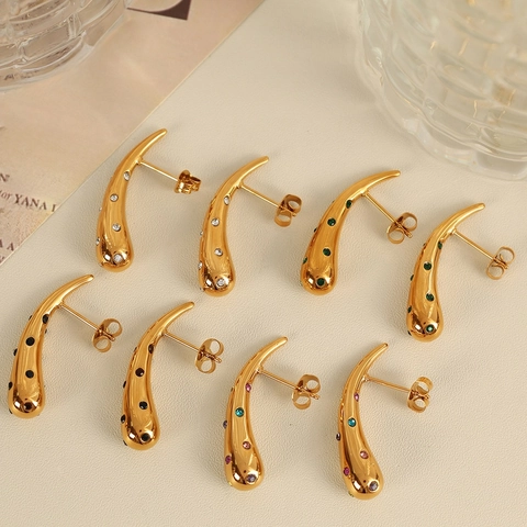 18K Vergoldete Edelstahl Gebogene Tropfen Ohrstecker Mit Strasssteinen Leicht Luxus Elegant Damen Mode