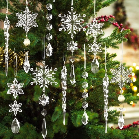 Christmas Hanging Ornaments Transparent Acrylic Snowflake Icicle Pendants Xmas Tree Crystal Decor Winter Holiday Party