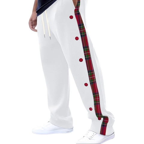 Men Casual Pants Side Plaid Patchwork Stripe Decorative Snap Buttons Drawstring Waist Straight Leg Streetwear Trousers
