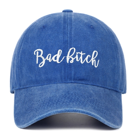 Washed Cotton Baseball Cap Embroidered Bad Bitch Letters Distressed Retro Style Adjustable Soft Top Hat Unisex