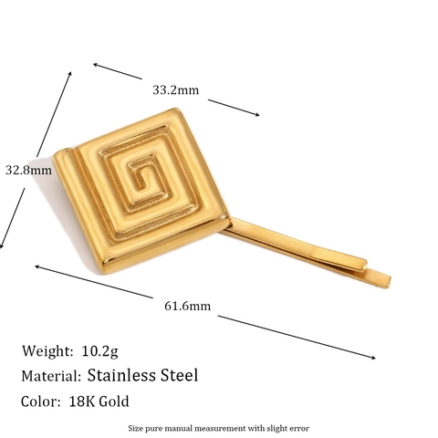 Stainless Steel 18K Gold Plated Hair Clip Geometric Square Greek Key Meander Minimalist Fashion Hairpin For Women