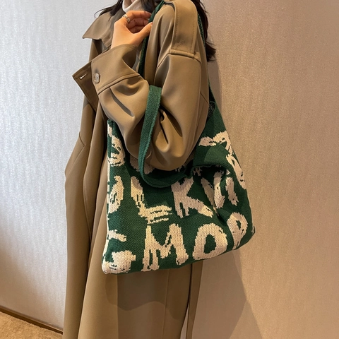 Knitted Tote Bag Large Capacity Polyester Shoulder Handbag Graffiti Letter Pattern Casual Fashion For Women