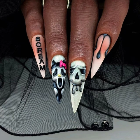 Halloween Horror Kunstnägel Lange Stiletto Geister Totenkopf Blutstropfen Muster Falsche Nägel Für Frauen Party