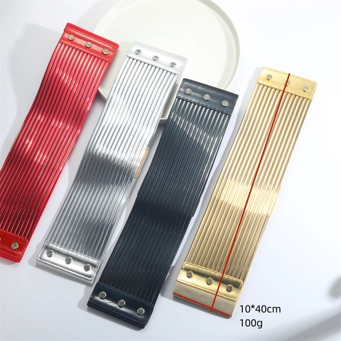 Wide Elastic Waist Belt PU Leather Metal Rhinestone Textured Stretchy Corset Cincher Snap Button For Women Retro