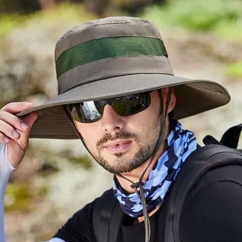 Outdoor Sun Hat Wide Brim Breathable Mesh Nylon Fishing Hiking Bucket Hat With Adjustable Windproof Rope Unisex