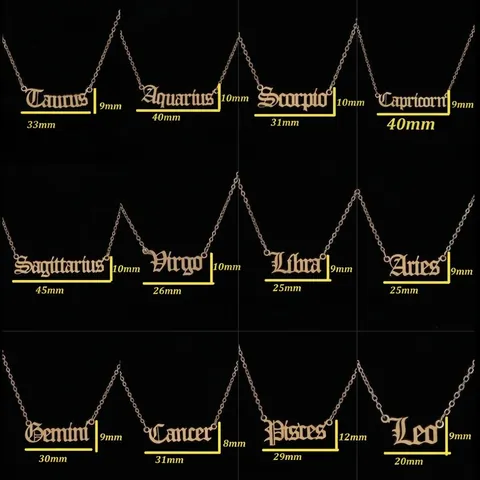 Collar de Colgante de Zodiaco de Acero Inoxidable para Mujer Letras Góticas Aries Tauro Géminis Leo Virgo Joyería Regalo