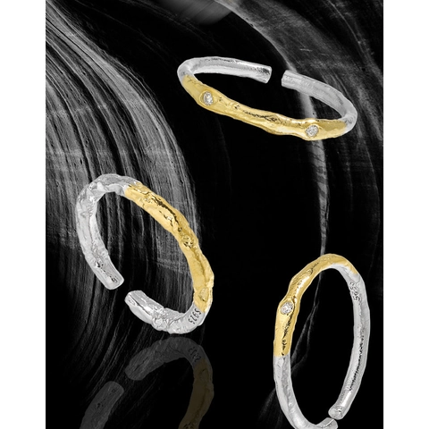 925 Sterling Silver Lava Texture Open Ring Set Gold Silver Two Tone Zirconia Inlaid Minimalist Niche Design Adjustable Ring